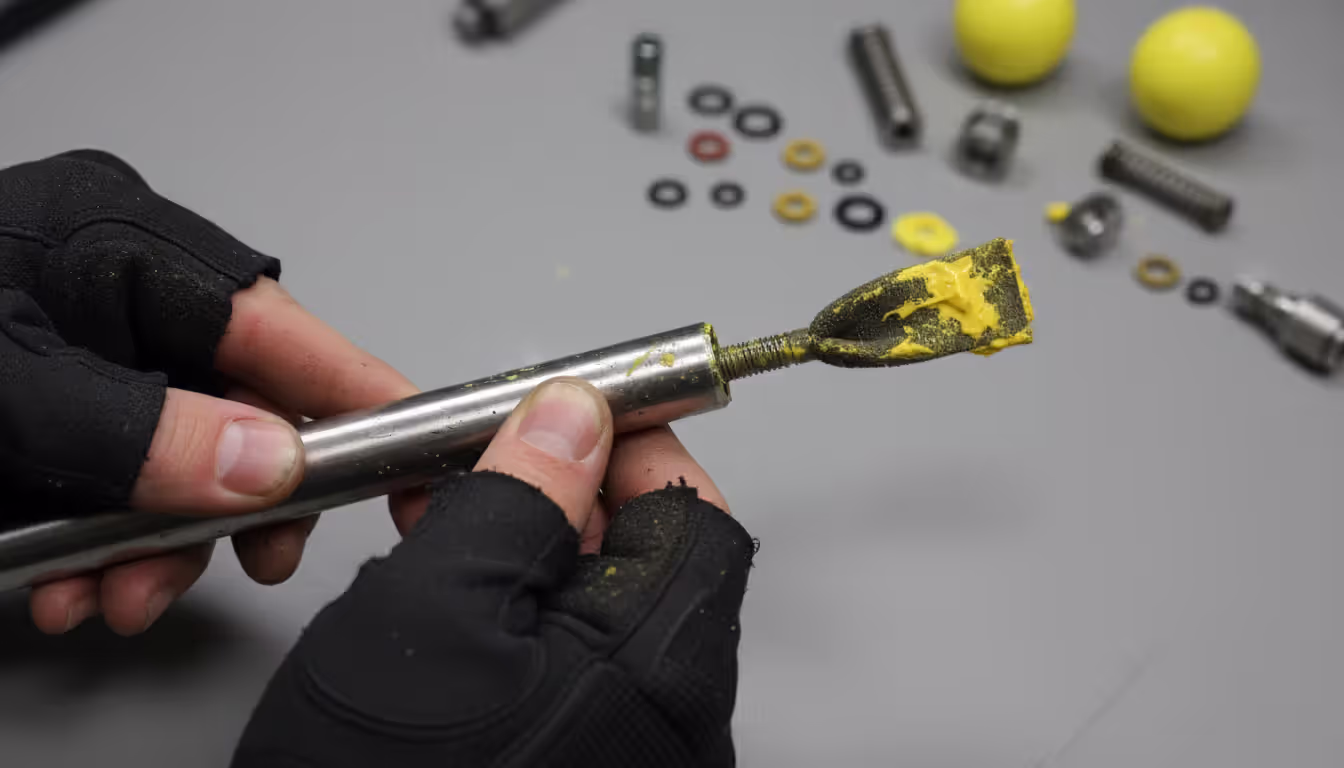 Hands cleaning paintball gun barrel with squeegee swab