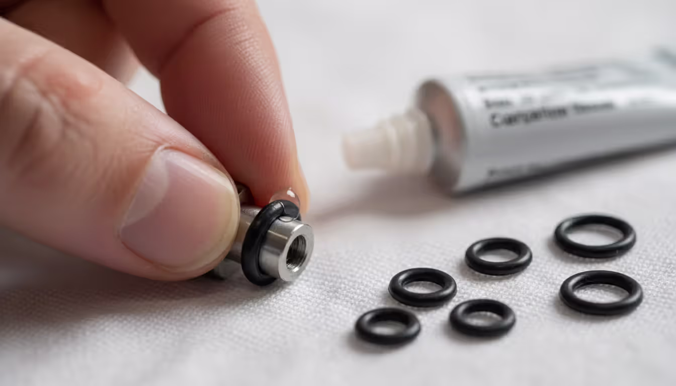 Close-up of applying lubricant grease to paintball marker o-ring