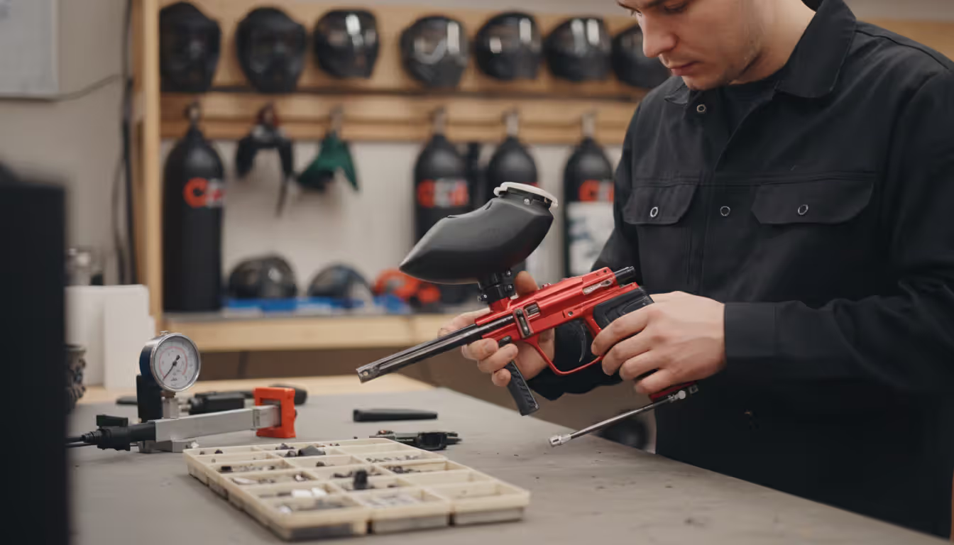 Professional technician inspecting electronic paintball marker in workshop