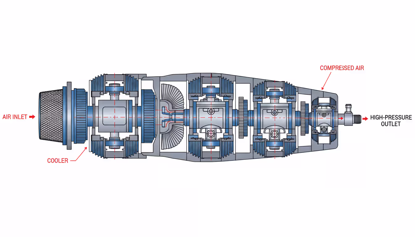 Technical cutaway illustration of a multi-stage high-pressure air compressor showing compression stages with cooling fins between them
