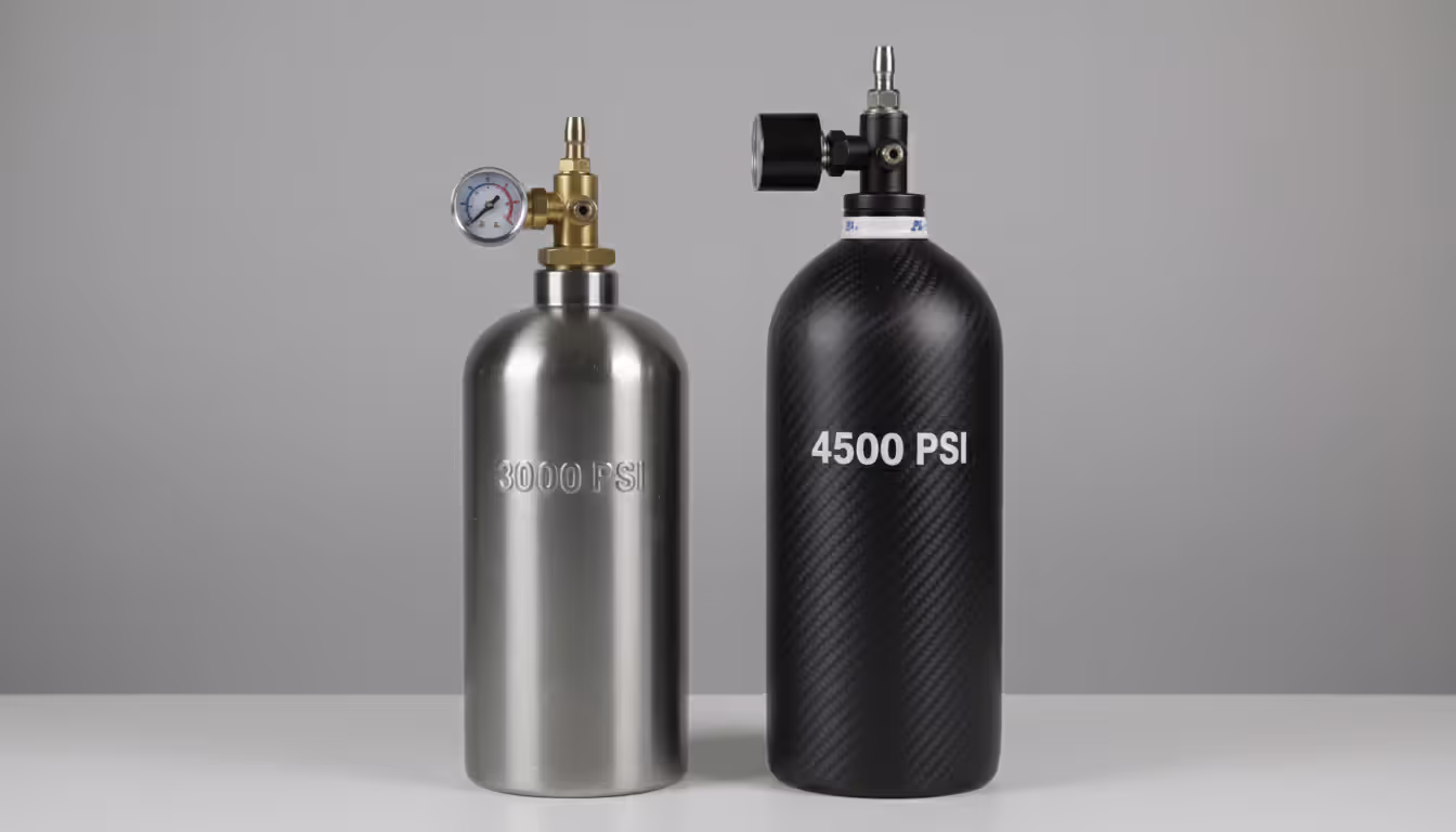 Two paintball tanks side by side on a table — steel 3000 PSI tank on the left and carbon fiber 4500 PSI tank on the right, both with regulators attached, against a neutral gray background