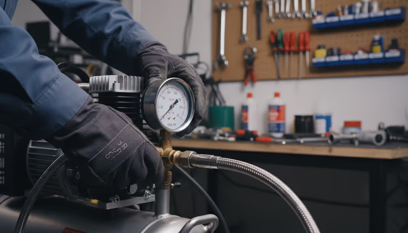 Close-up of hands in work gloves checking an analog pressure gauge on a high-pressure compressor with the needle near 4500 PSI and a fill whip with quick-disconnect fitting attached