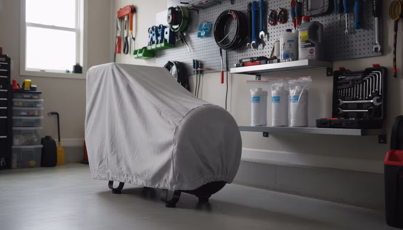 High-pressure compressor covered with a breathable fabric cover in a clean dry garage with spare desiccant filter cartridges, synthetic compressor oil bottle, and maintenance tools on a nearby shelf