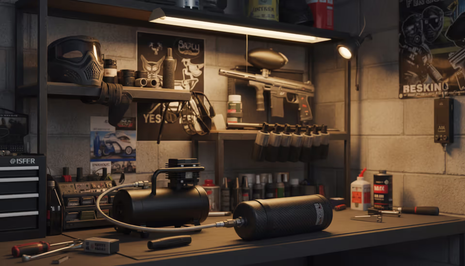 Black HPA high-pressure compressor on a garage workbench connected via fill whip to a carbon fiber paintball tank with paintball gear on shelves in the background