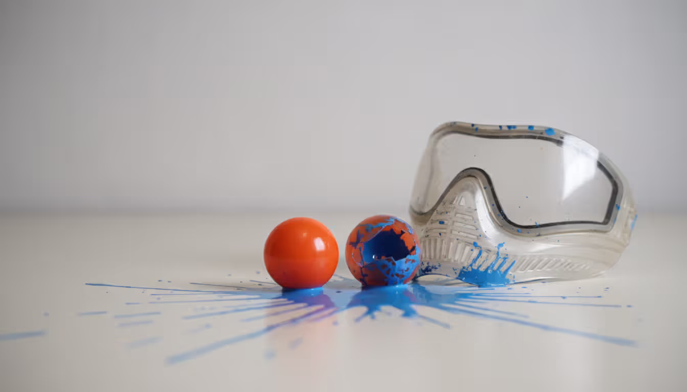 Two paintballs on flat surface one intact one broken with paint splatter next to paintball protective mask