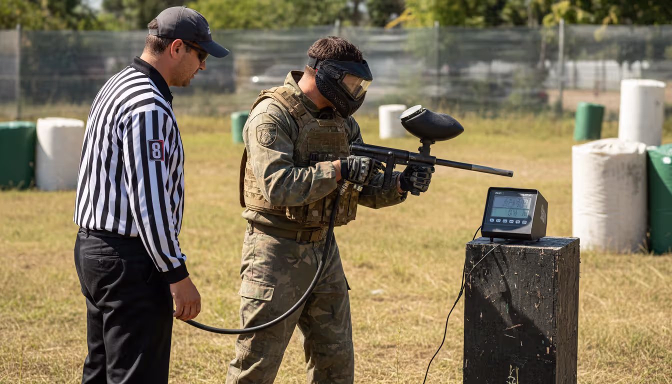 Paintball player in full gear shooting marker through chronograph at field station while referee monitors digital display