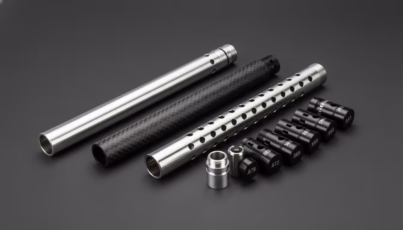 Three paintball barrels of different lengths and materials laid side by side with interchangeable bore backs on dark surface