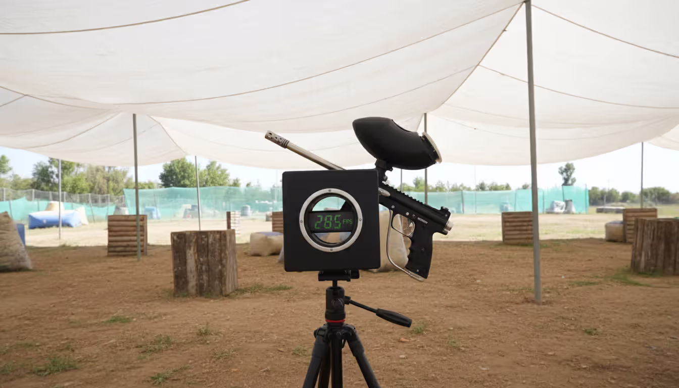 Paintball marker misaligned at angle in front of chronograph on tripod demonstrating incorrect positioning at outdoor field