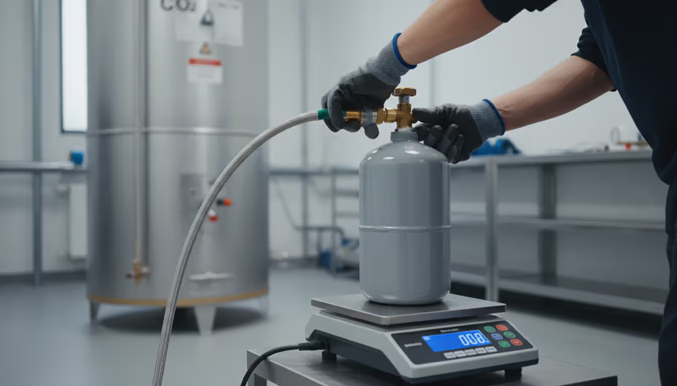Close-up of paintball tank being weighed and refilled with CO2