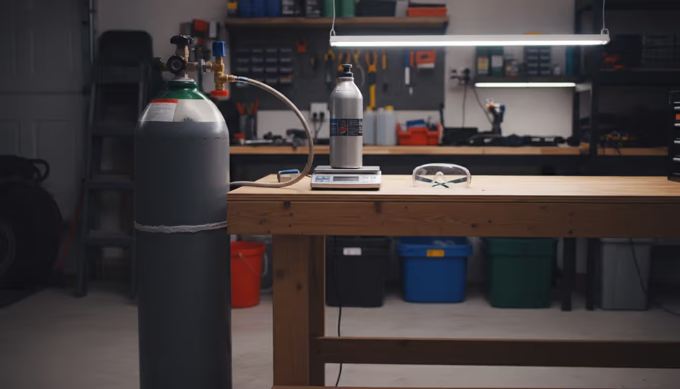 Home paintball CO2 refill station setup with bulk tank and scale