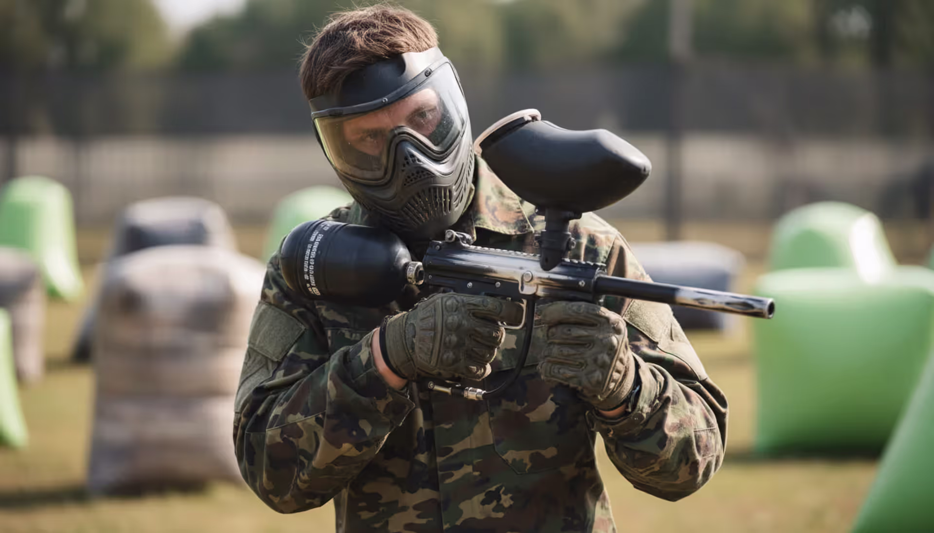 Paintball player holding marker with CO2 tank on outdoor field