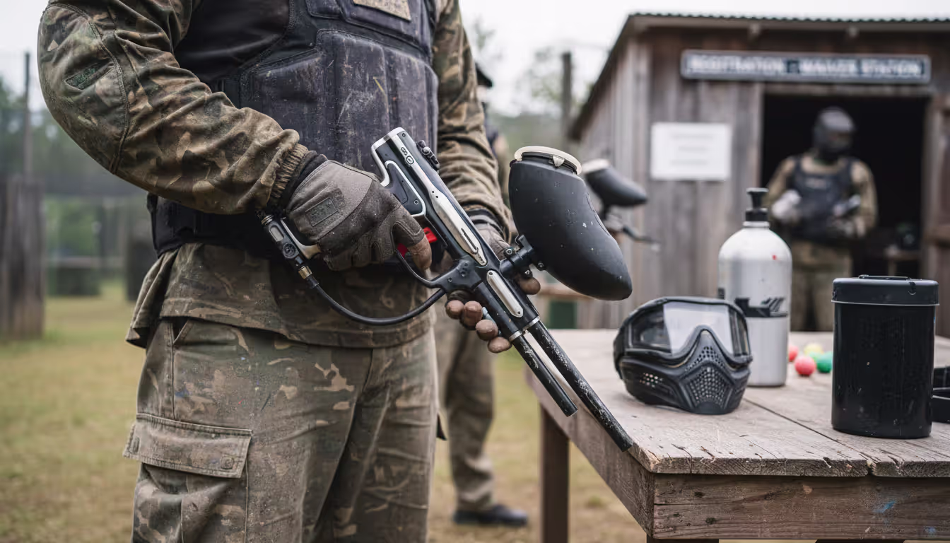 Close-up of a paintball player holding an electronic marker at a field staging area with mask, air tank and hopper visible on a table nearby