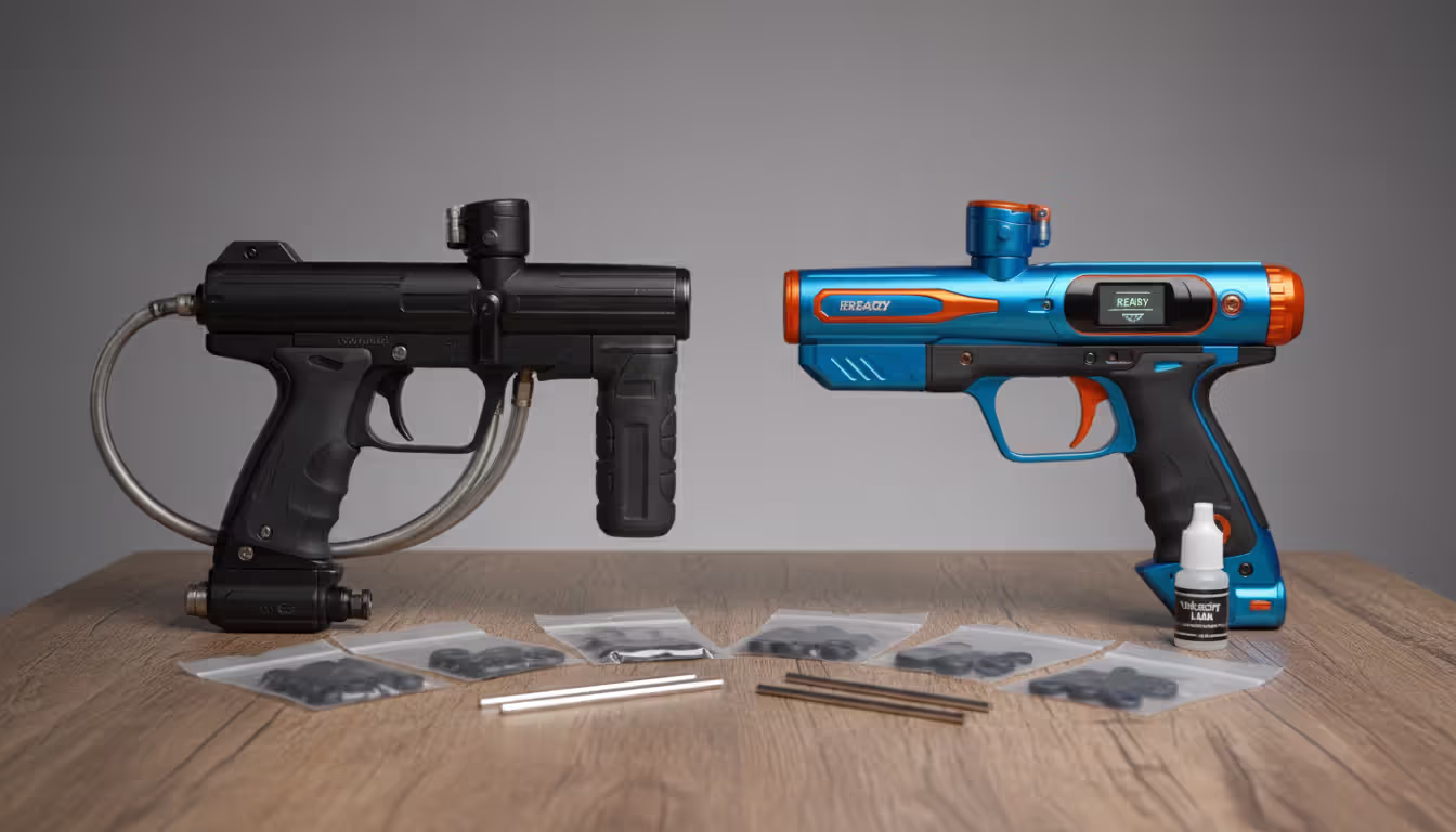 Two paintball markers side by side on a wooden table, a heavy mechanical marker on the left and a compact electronic marker on the right, with spare o-rings, allen keys and oil bottle around them