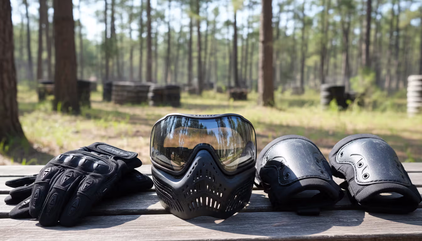 Premium paintball mask with thermal dual-pane lens on a bench next to tactical gloves and knee pads, with a blurred wooded paintball field in the background