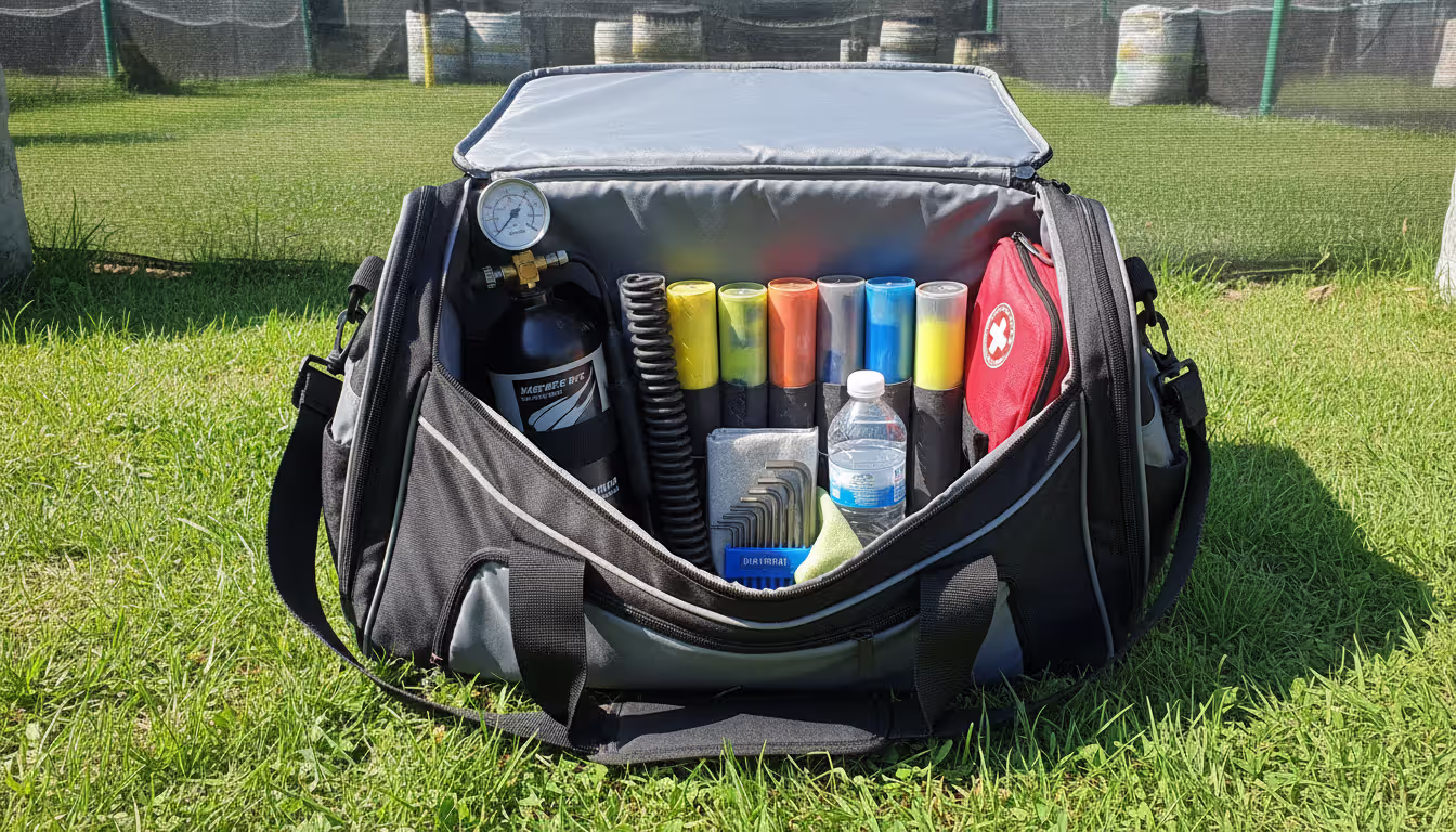 Top-down view of an open paintball gear bag on grass showing air tank, paint pods, barrel squeegee, allen key set, microfiber cloth, water bottle and small first aid kit neatly organized inside