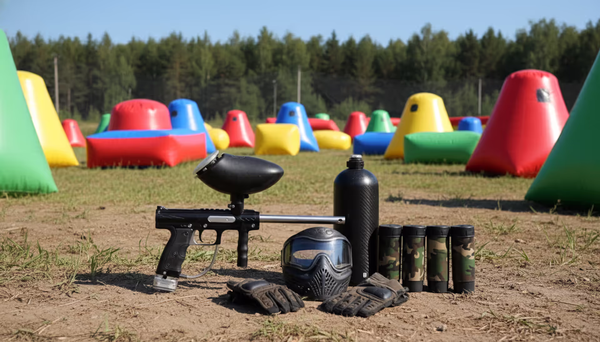 Paintball equipment set including marker, mask, air tank, hopper, pods and gloves laid out on the ground at an outdoor paintball field with inflatable bunkers in the background