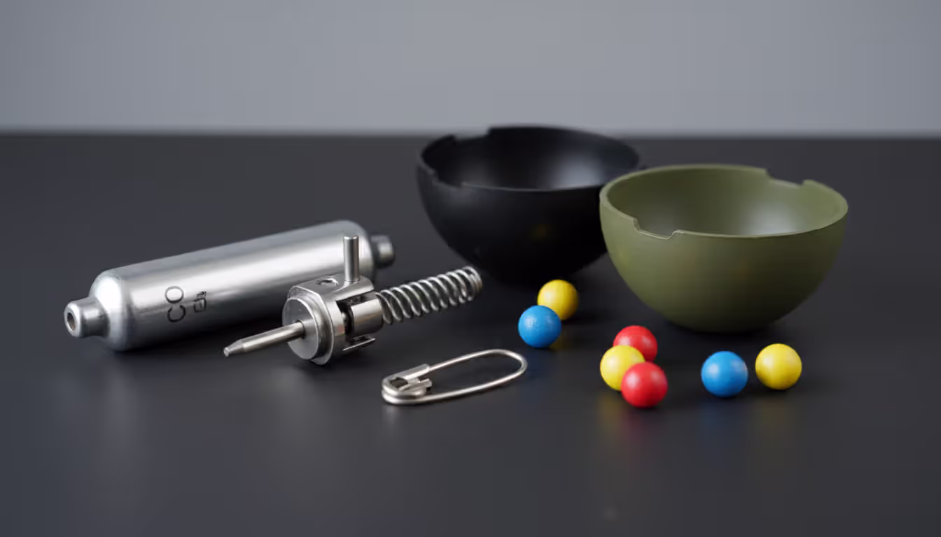 Disassembled paintball grenade showing CO2 cartridge, striker mechanism, shell casing, safety pin, and scattered paintballs on a dark surface