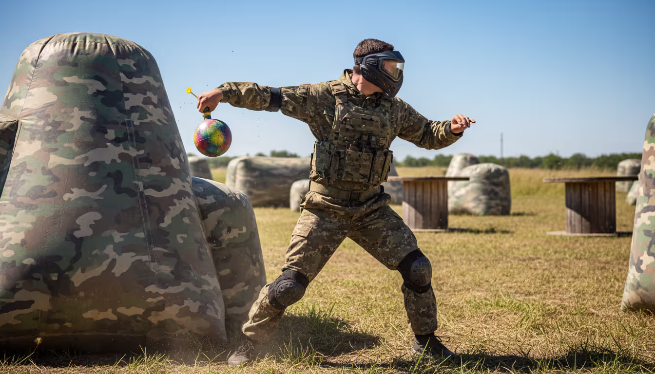 Paintball player in mask and camouflage throwing a grenade from behind an inflatable bunker on a sunny outdoor field