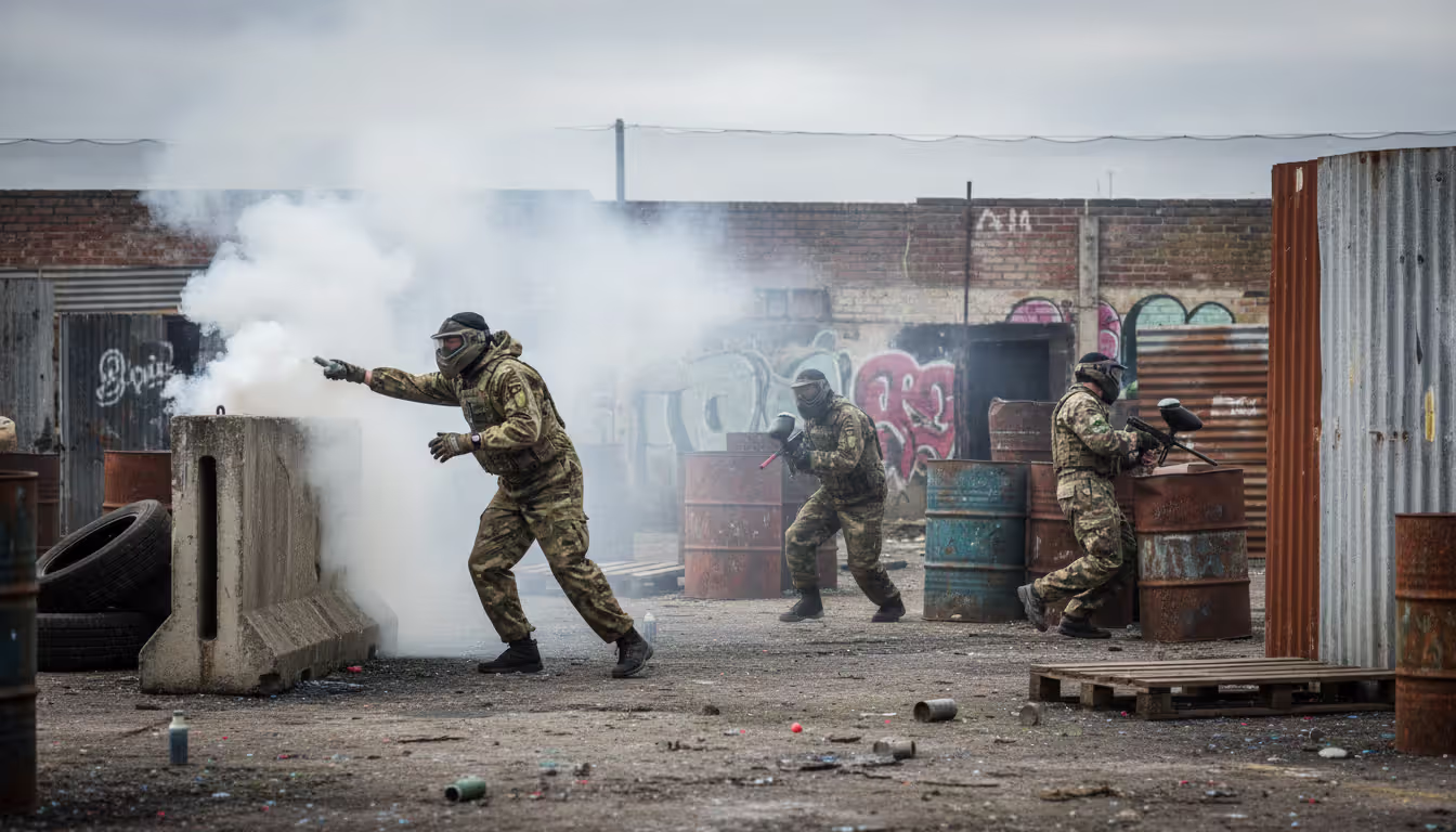 Three paintball players coordinating a tactical push with one throwing a smoke grenade while two teammates advance through white smoke on an industrial field