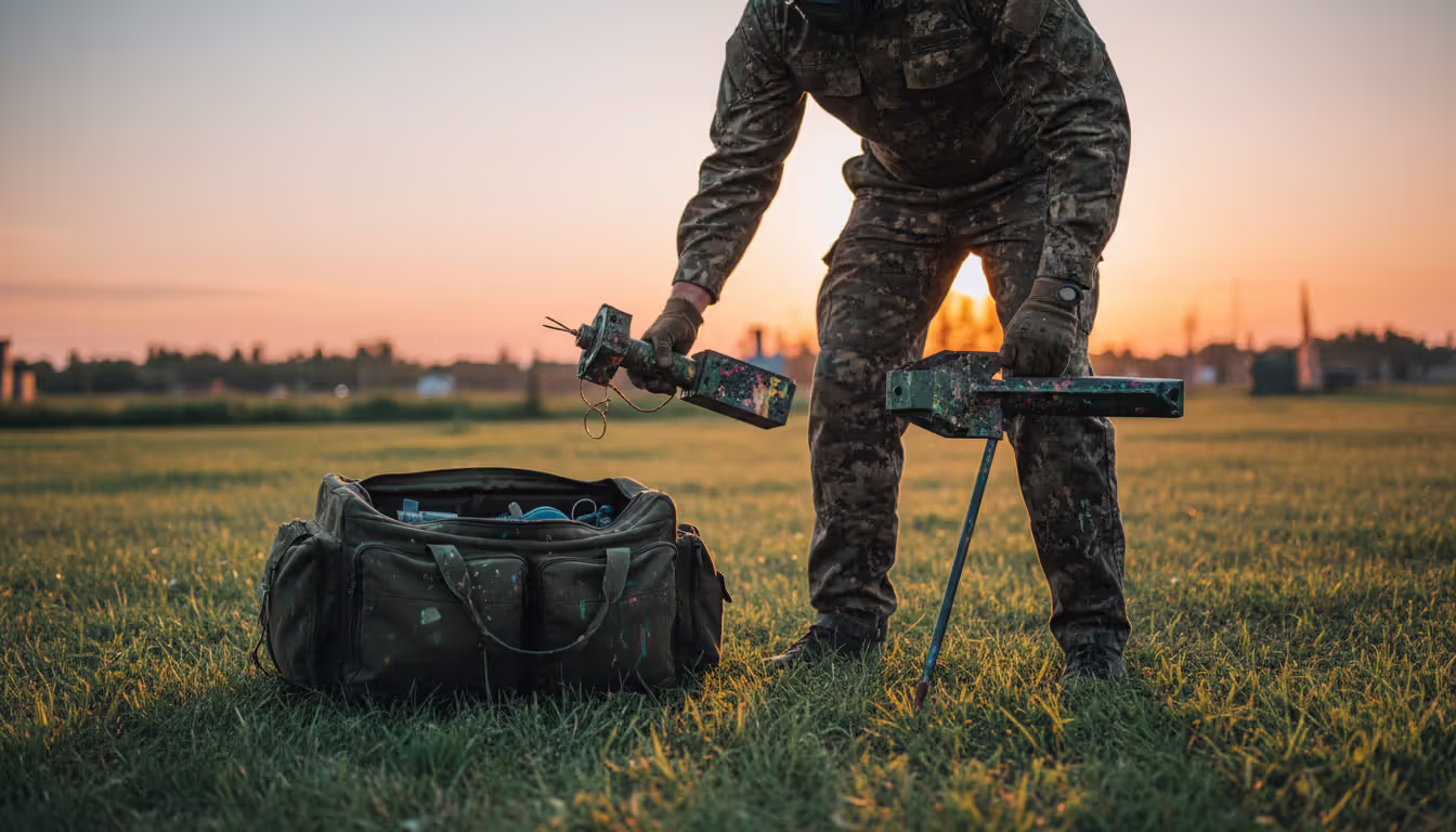 Paintball player collecting used claymore device and landmine from a green field after a game with an equipment bag nearby in warm evening light
