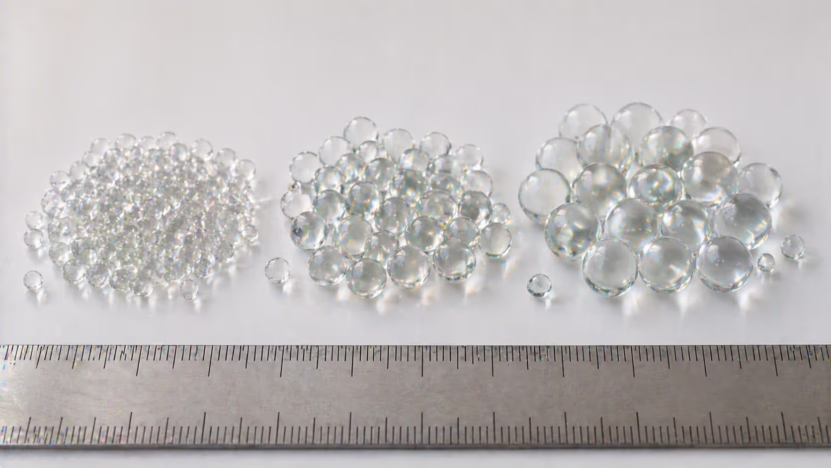 Different sizes of gel blaster beads displayed with measurement reference