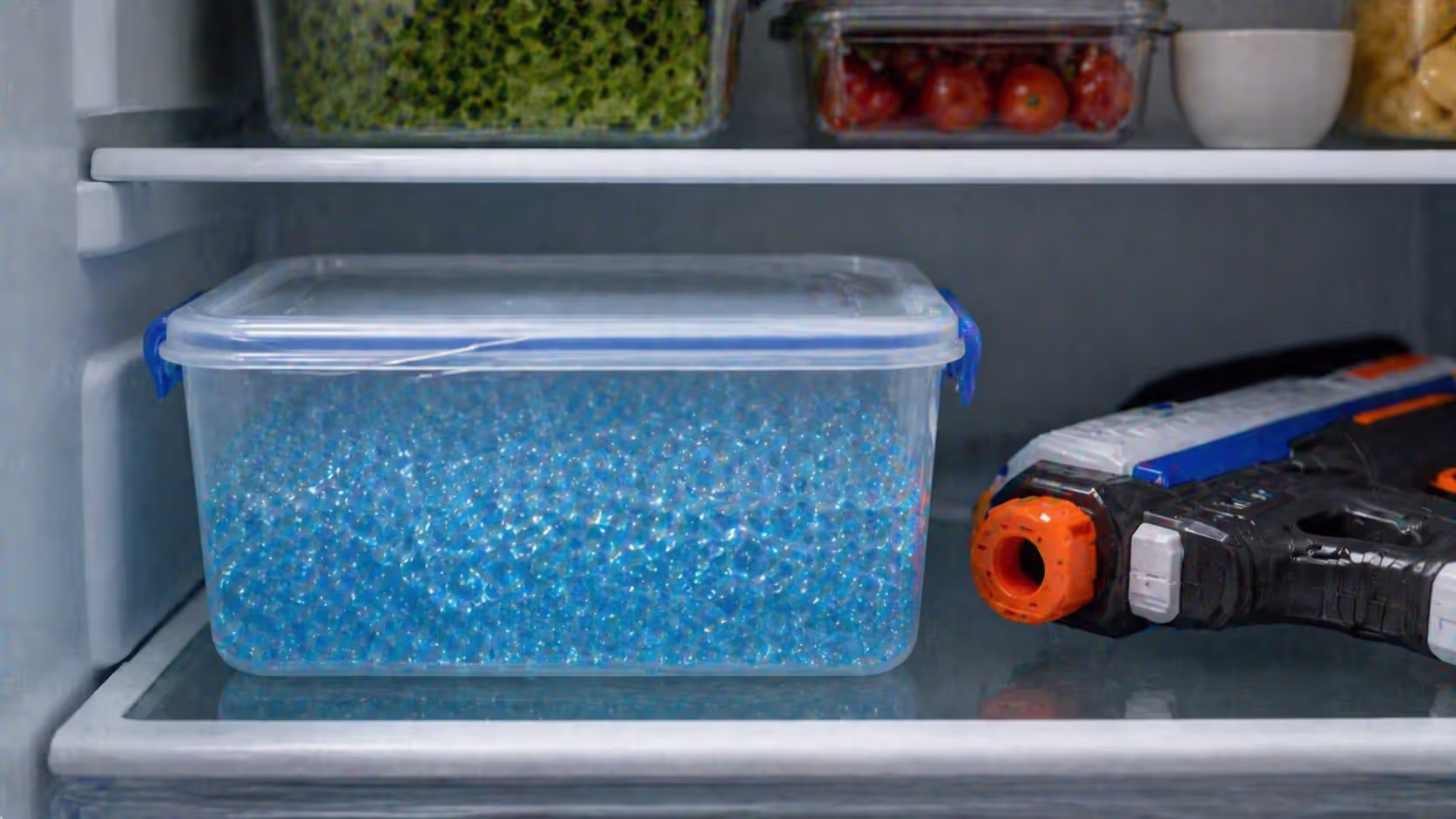 Hydrated gel balls stored properly in container ready for use