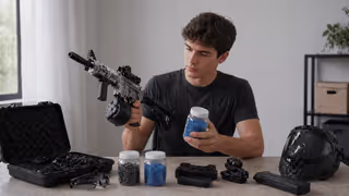 Person holding gel blaster and container with gel balls