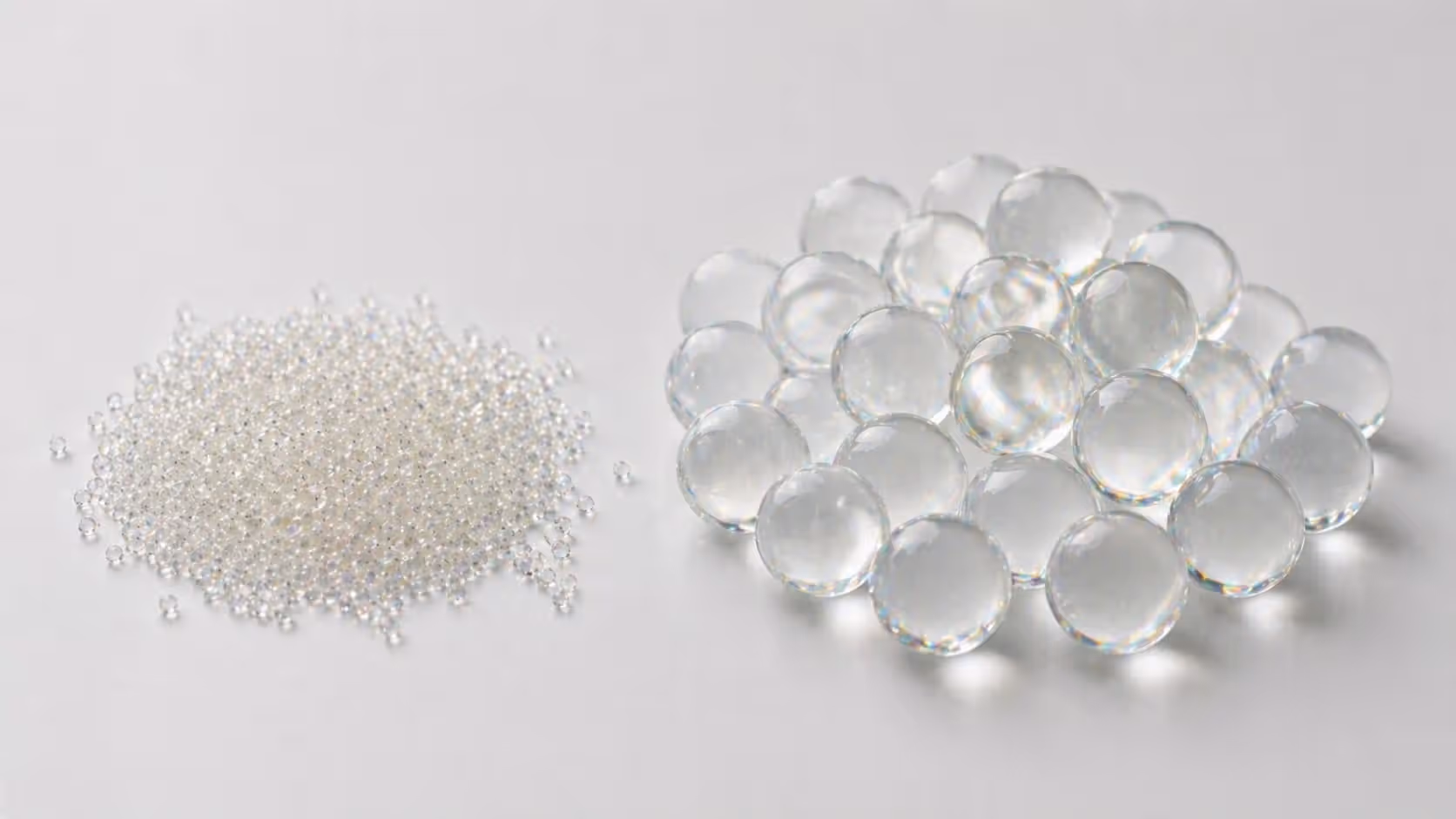 Dry and expanded gel balls showing hydration process
