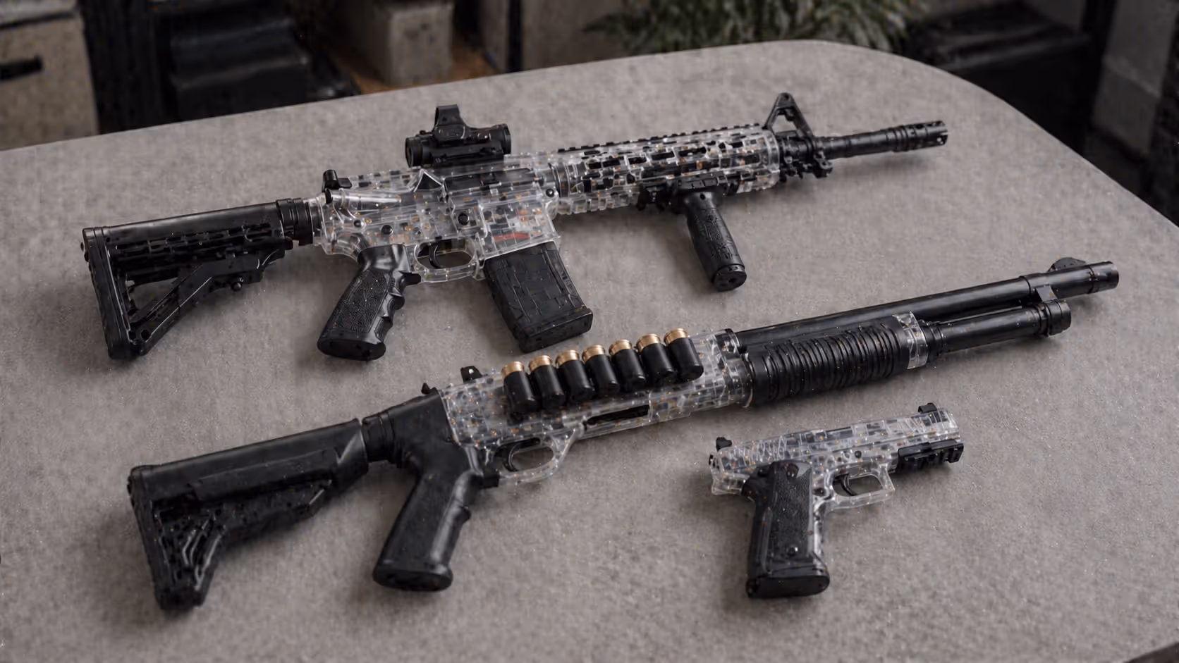 Different types of gel blasters including pistol rifle and shotgun styles