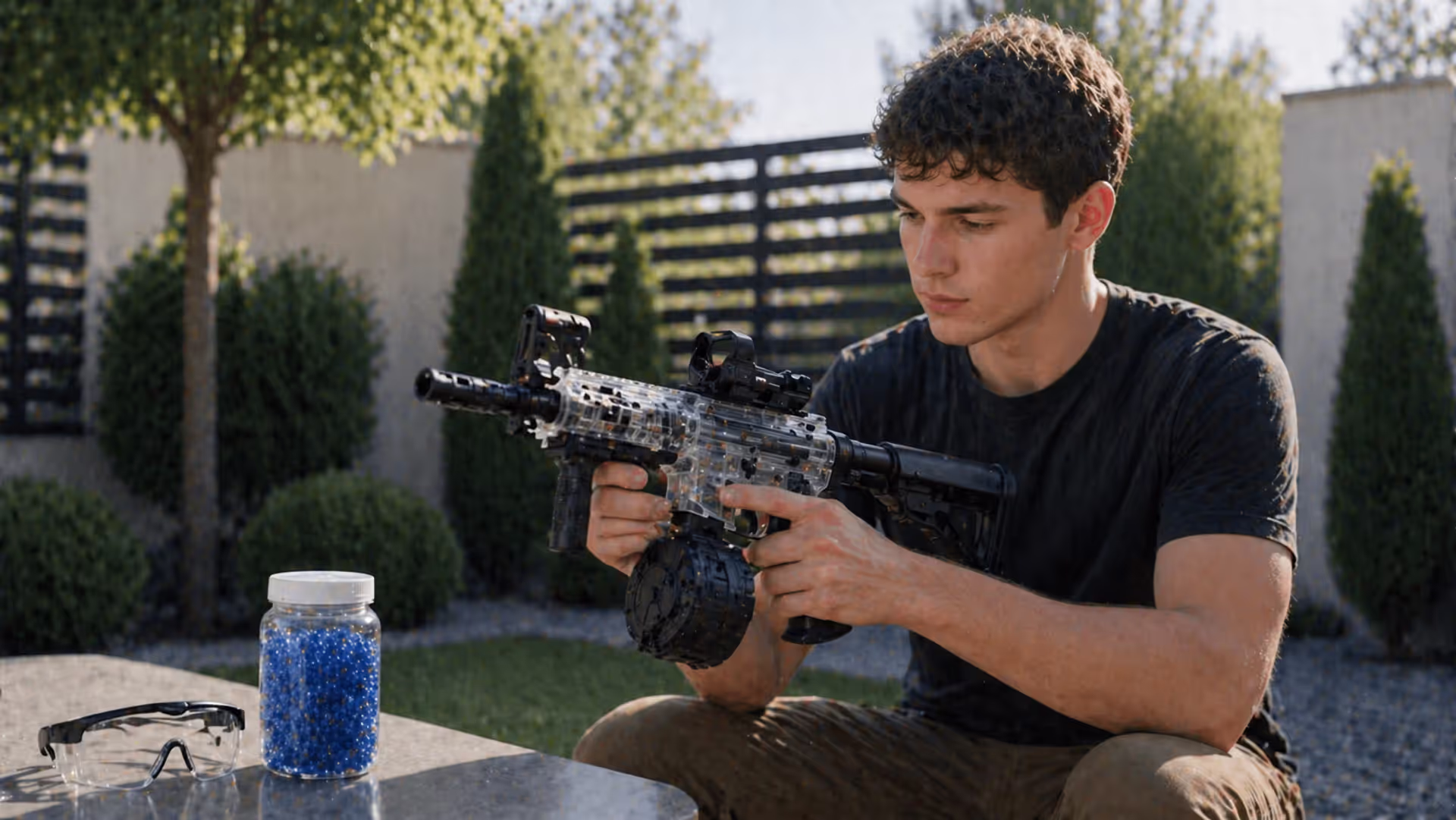Person holding gel blaster with protective gear and gel balls outdoors