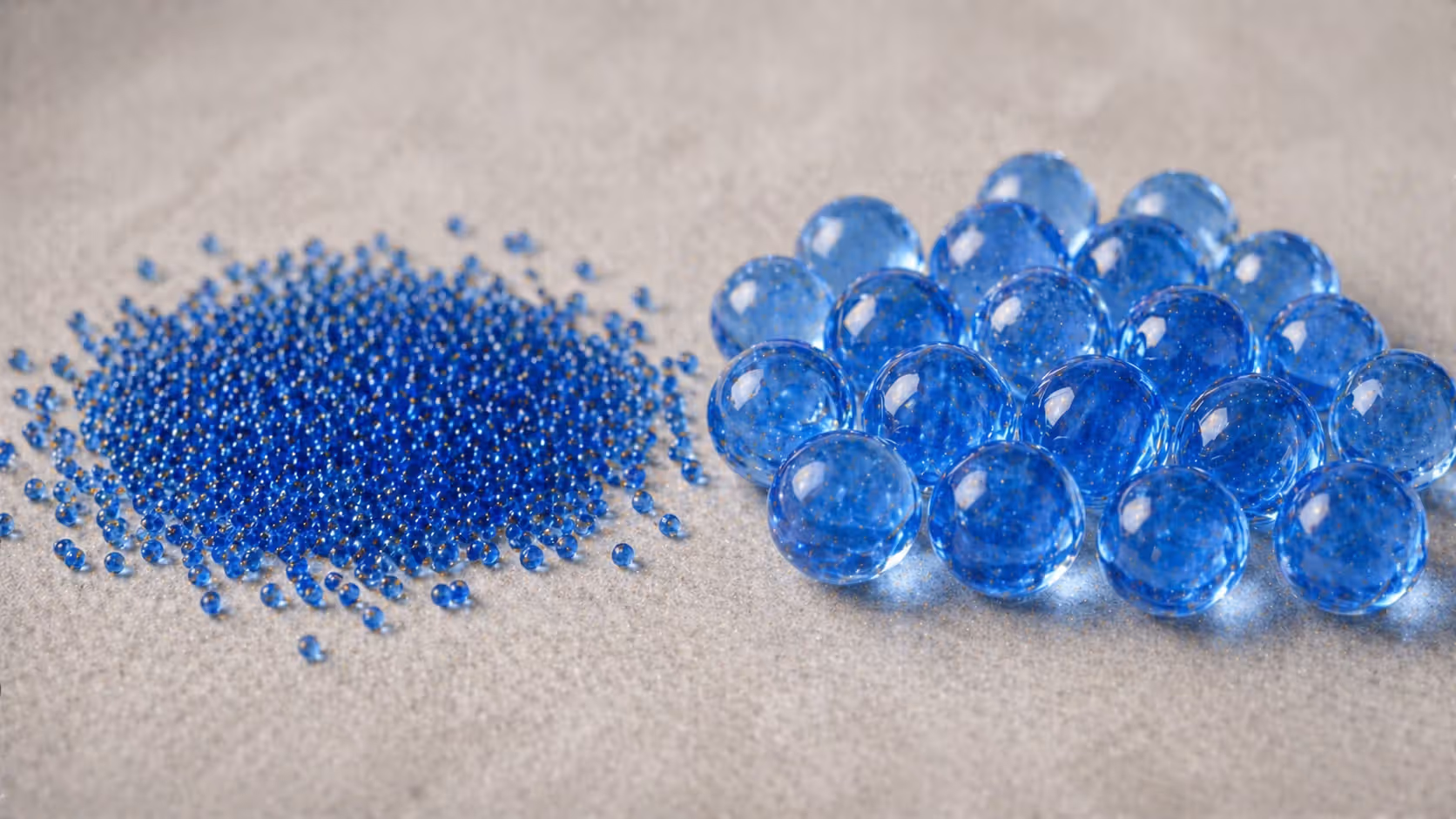 Dry and hydrated gel balls showing expansion and texture