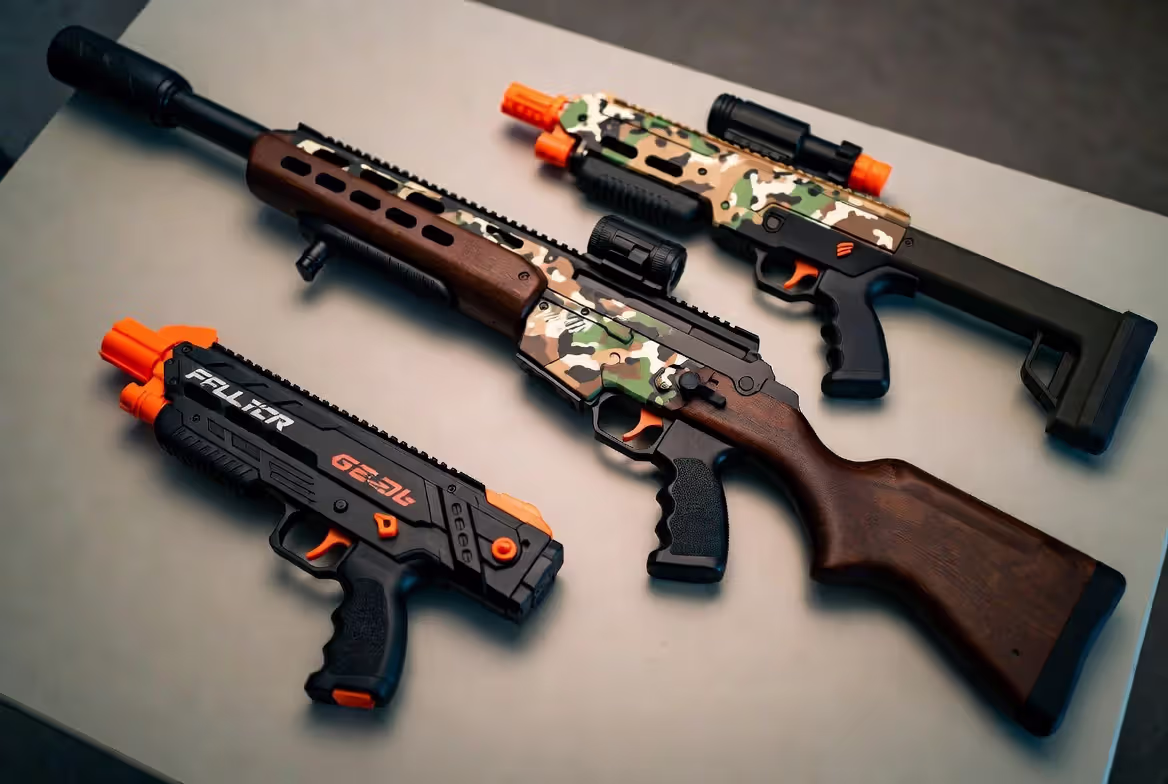 Different types of gel blasters including pistol and rifle styles