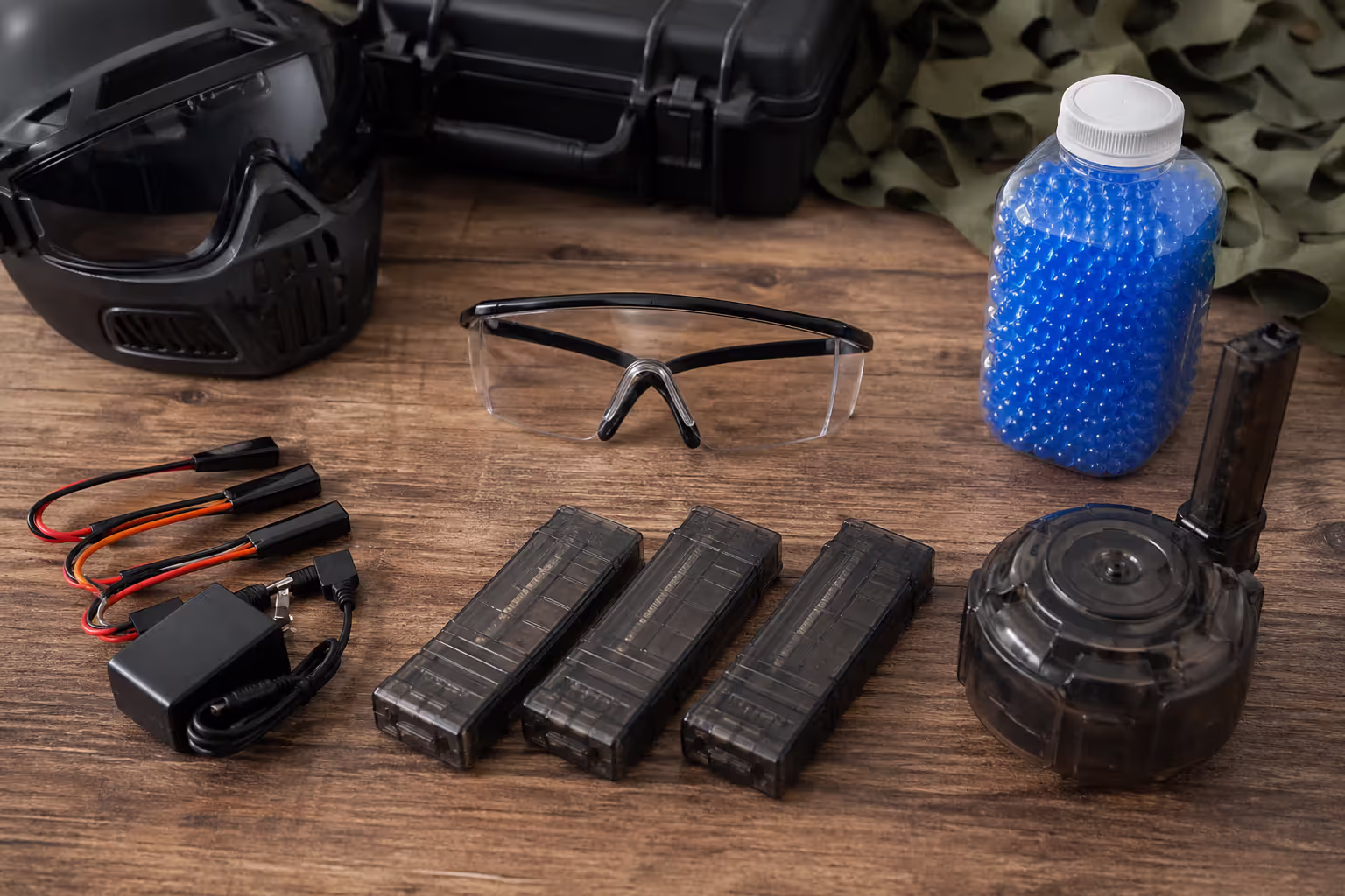 Gel blaster accessories including goggles batteries magazines and ammo
