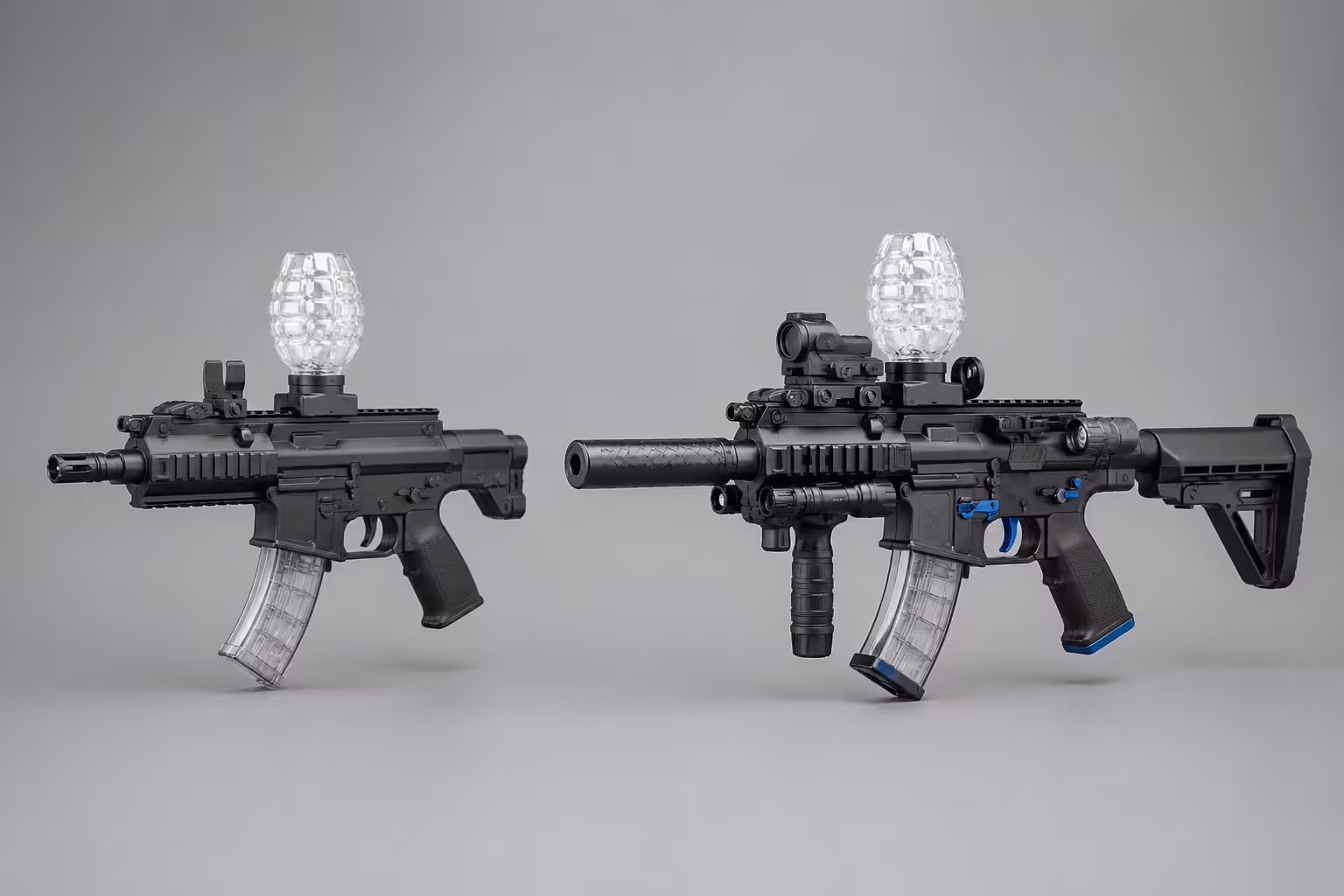 Stock vs upgraded gel blaster showing visible modifications