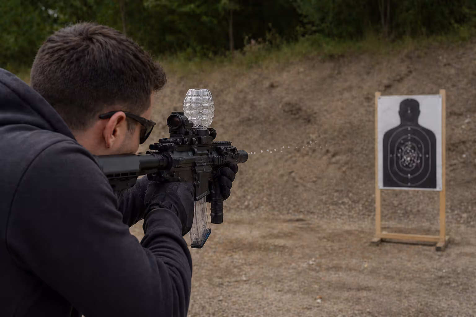 Person testing upgraded gel blaster by shooting at target