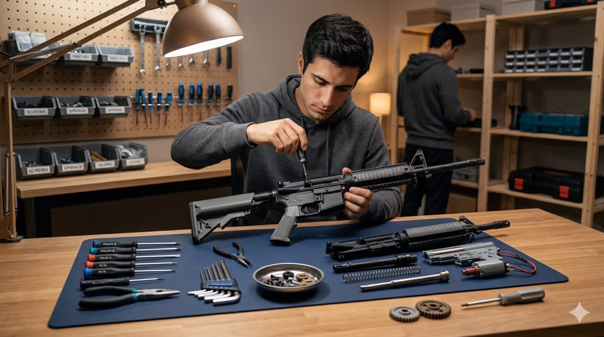 Person disassembling gel blaster with tools on workbench