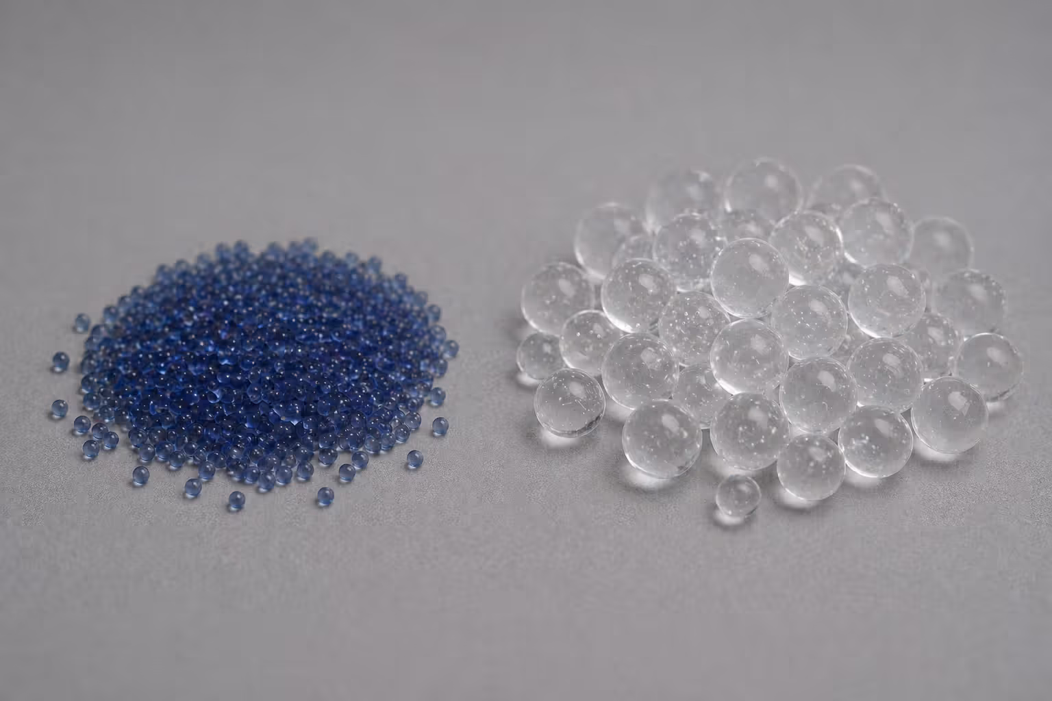 Dry and hydrated gel balls showing size difference