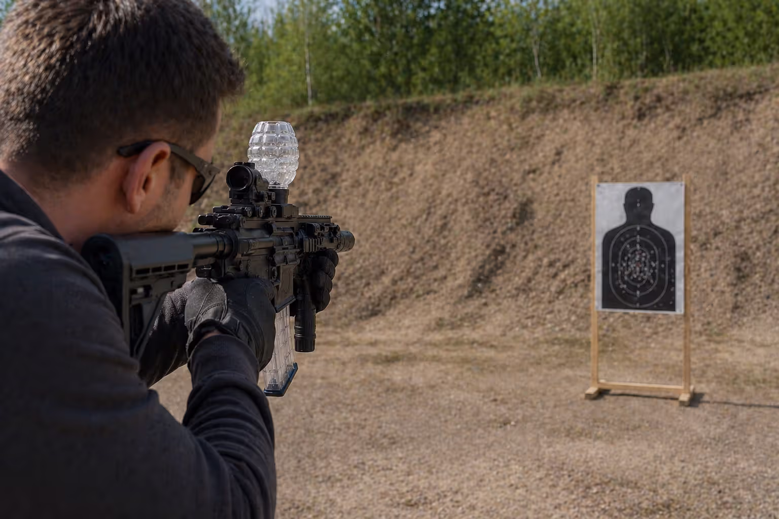 Person aiming compact gel blaster pistol at outdoor target
