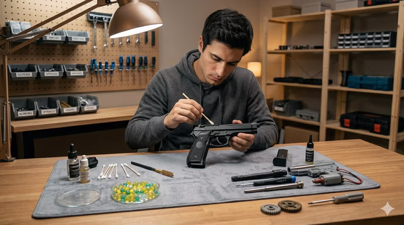 Person cleaning and maintaining gel blaster pistol with tools