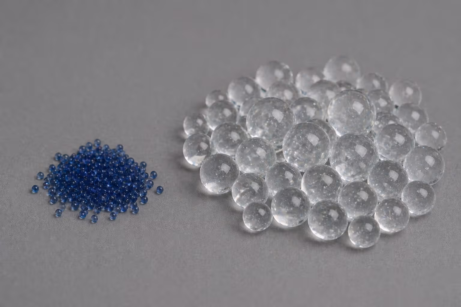 Dry and hydrated gel balls showing expansion and transparency