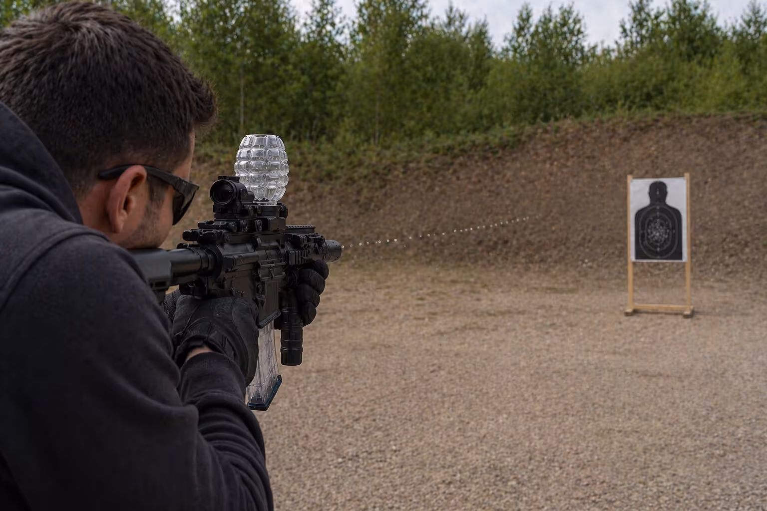Person shooting splatter ball gun at outdoor target