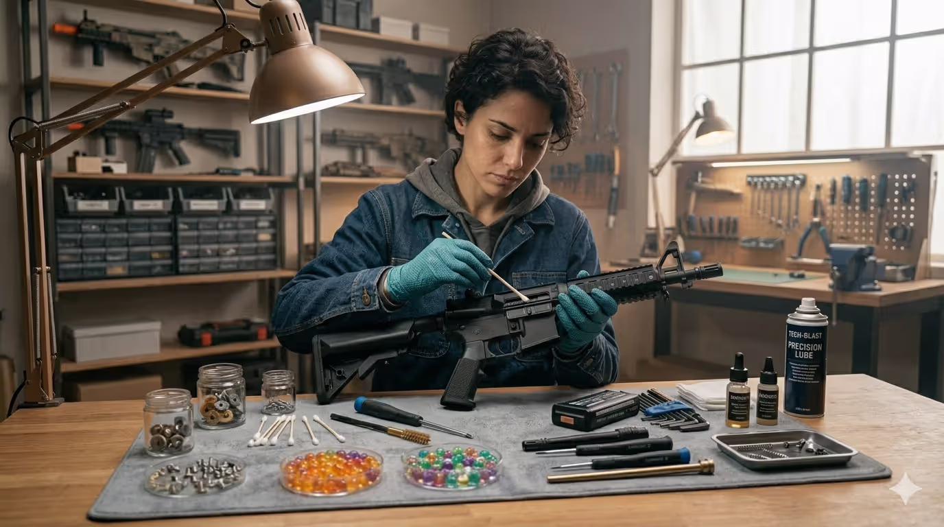 Person cleaning and maintaining splatter ball gun with tools and ammo