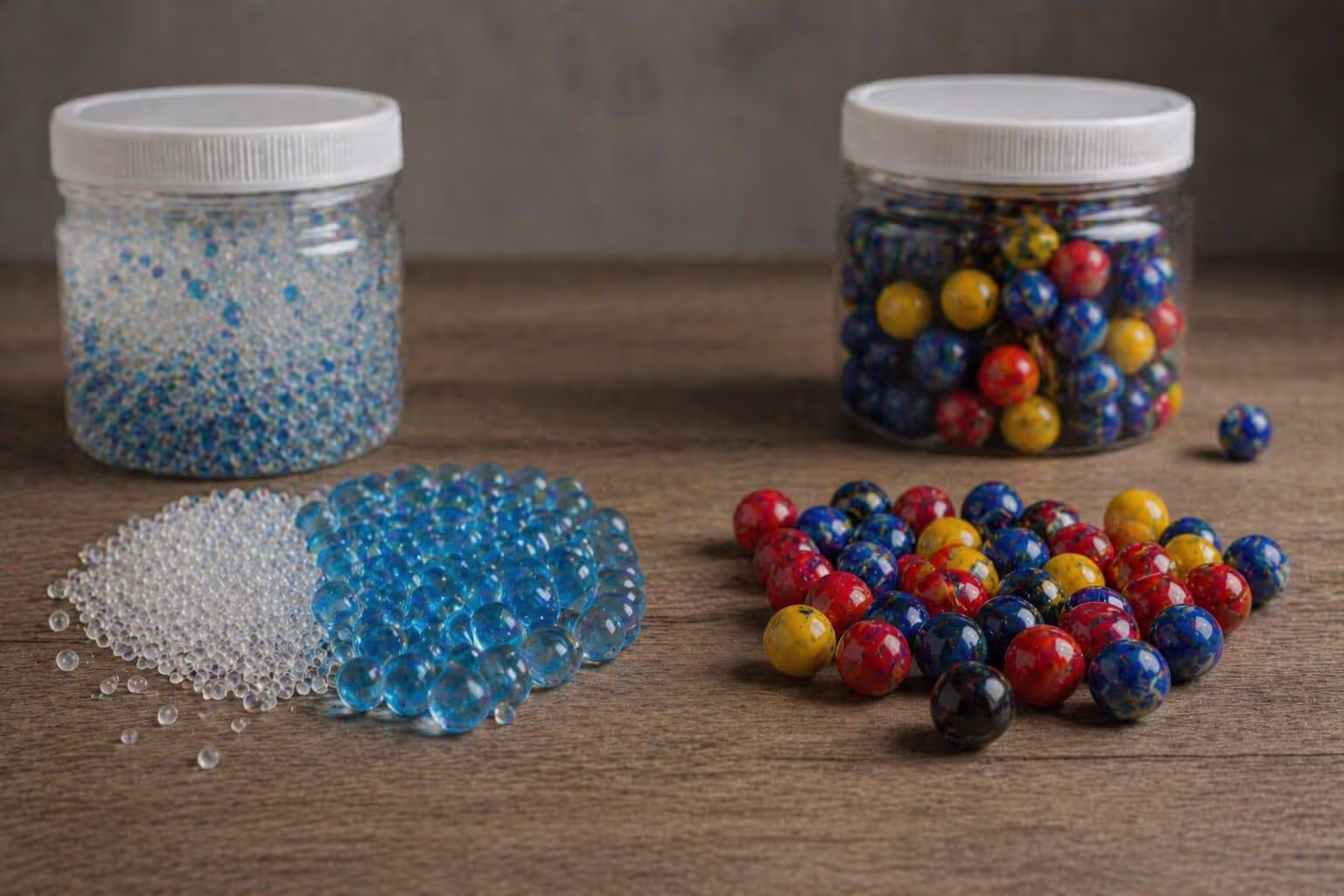 gel balls and paintballs side by side showing size and material differences