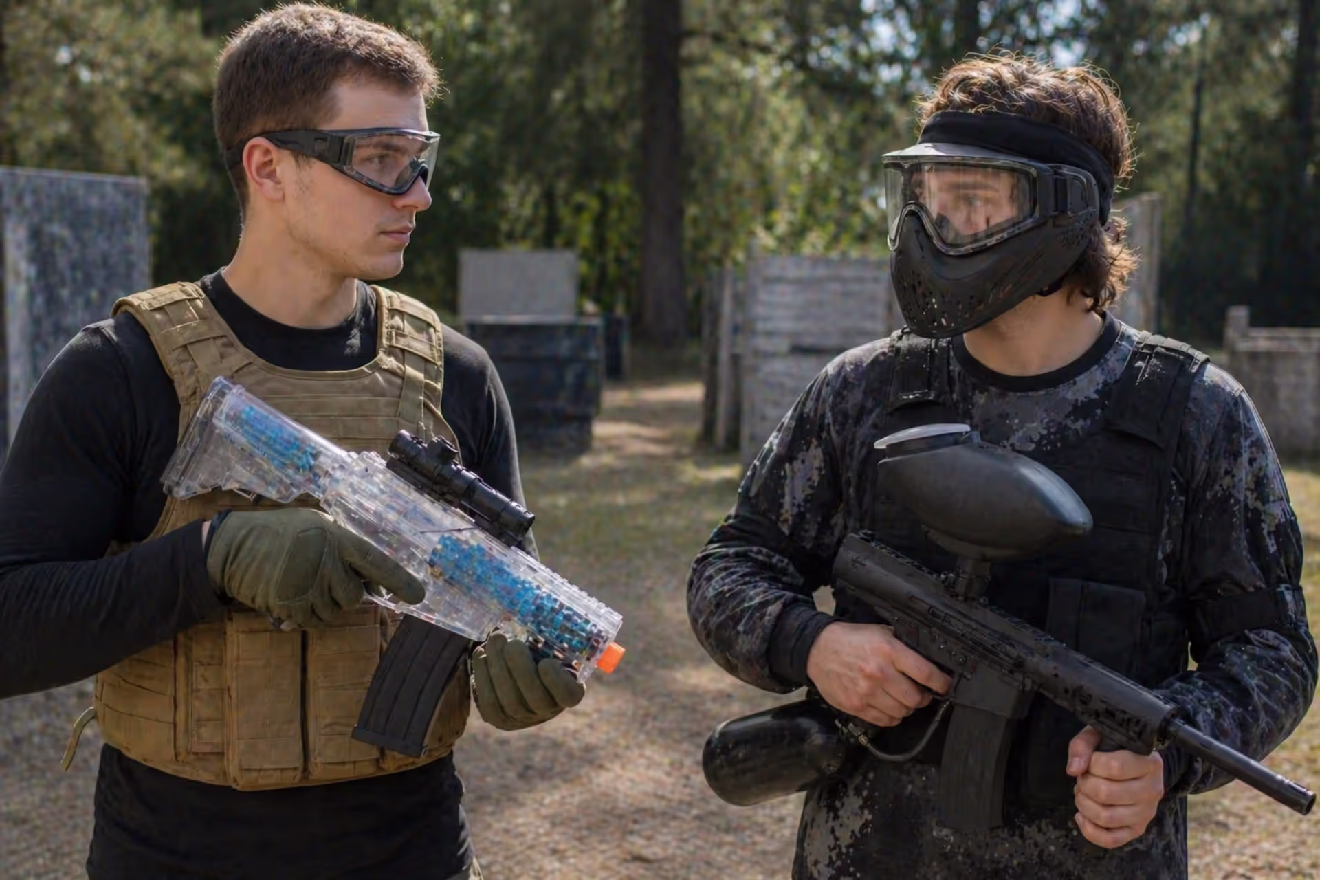 comparison of gel blaster and paintball gun equipment in outdoor setting