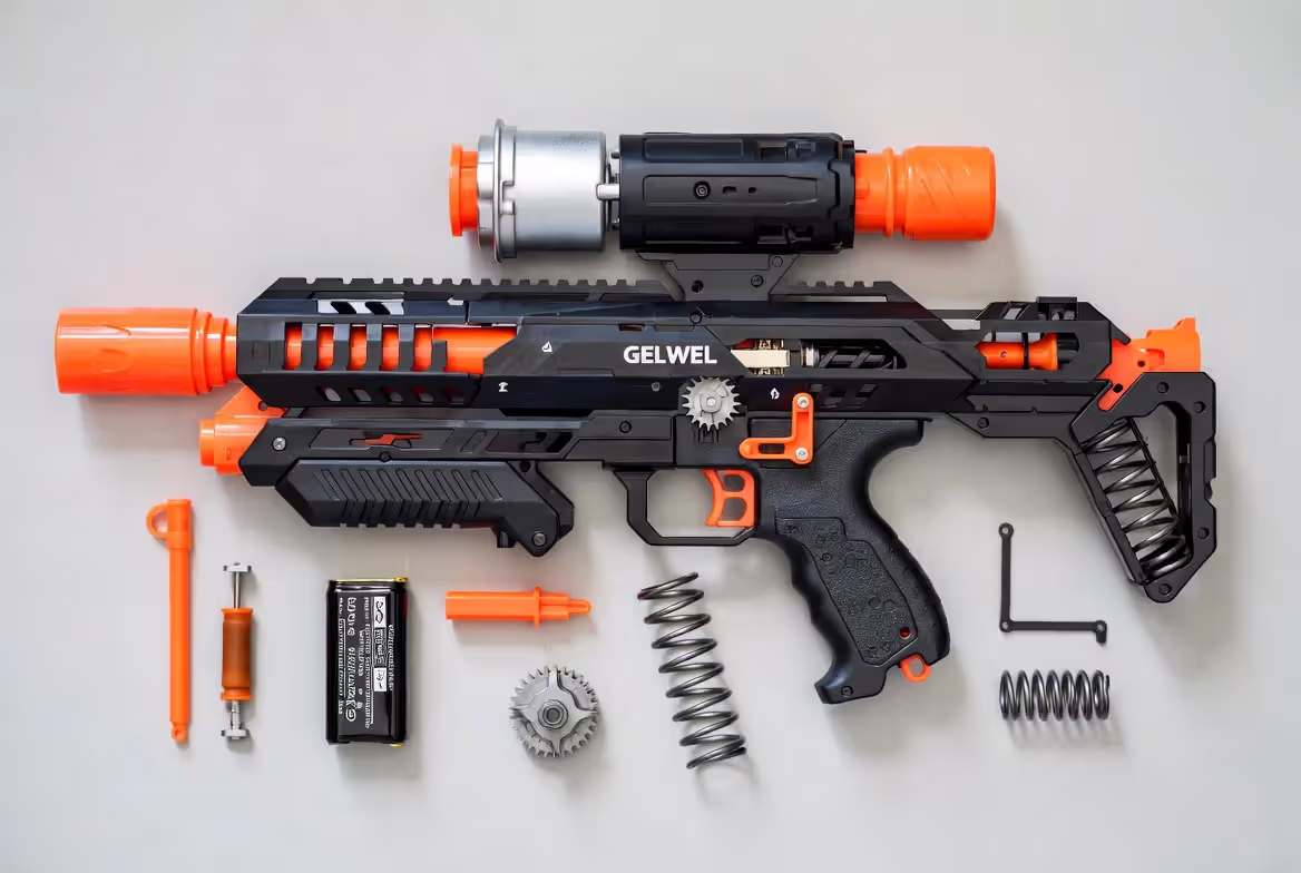 internal components of gel blaster including gearbox motor and battery