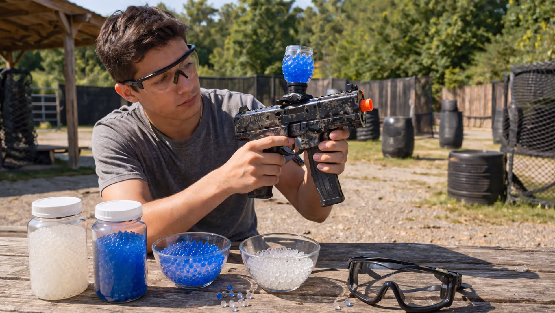person holding gel blaster with gel balls and safety glasses outdoors
