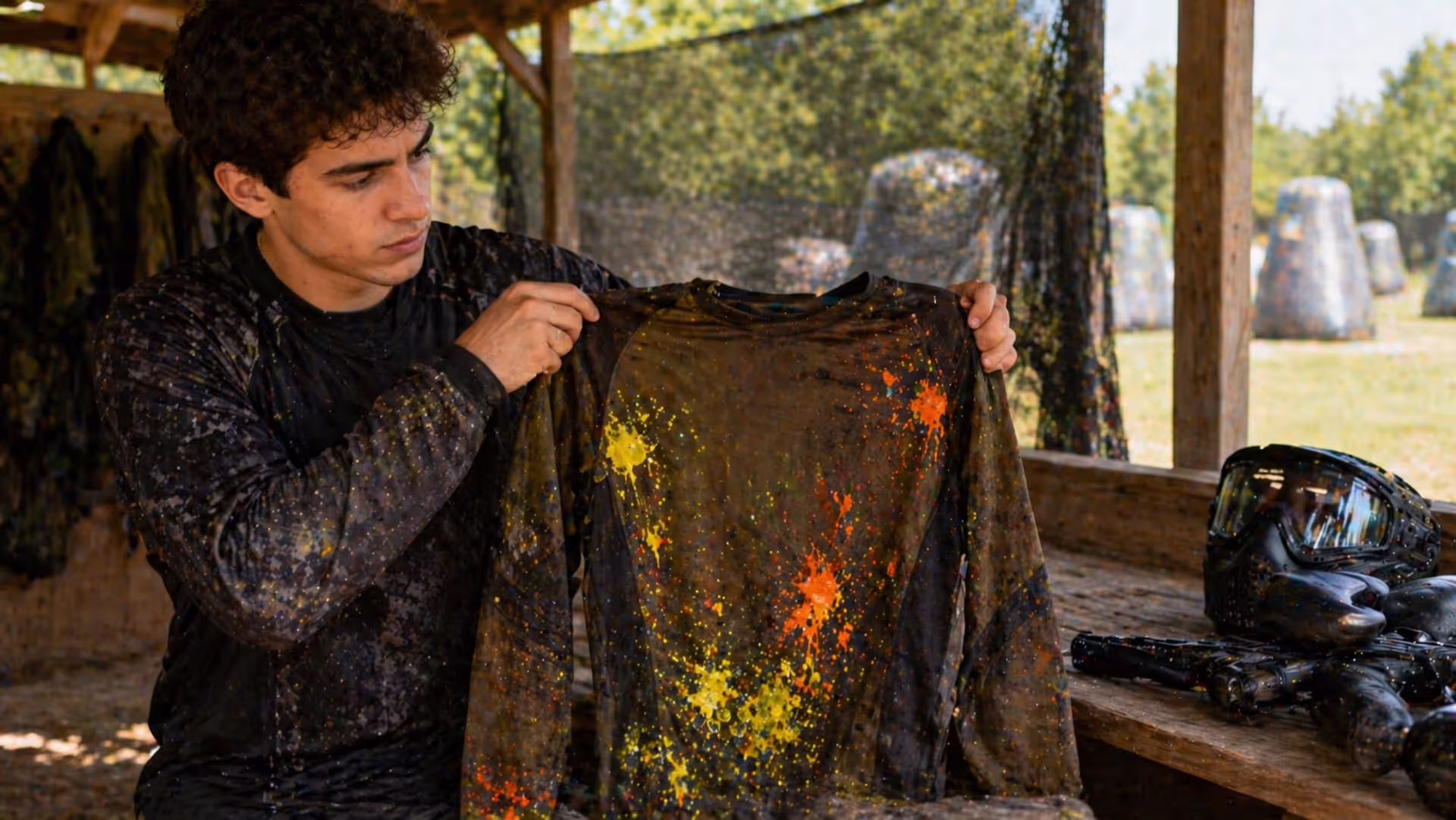person holding paintball stained clothes after game
