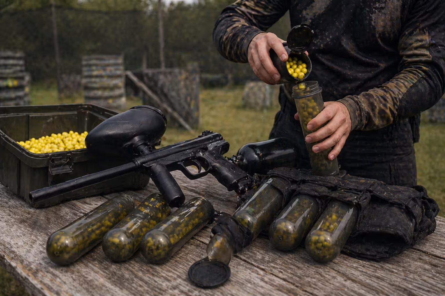 loading paintballs into pods and hopper showing equipment capacity