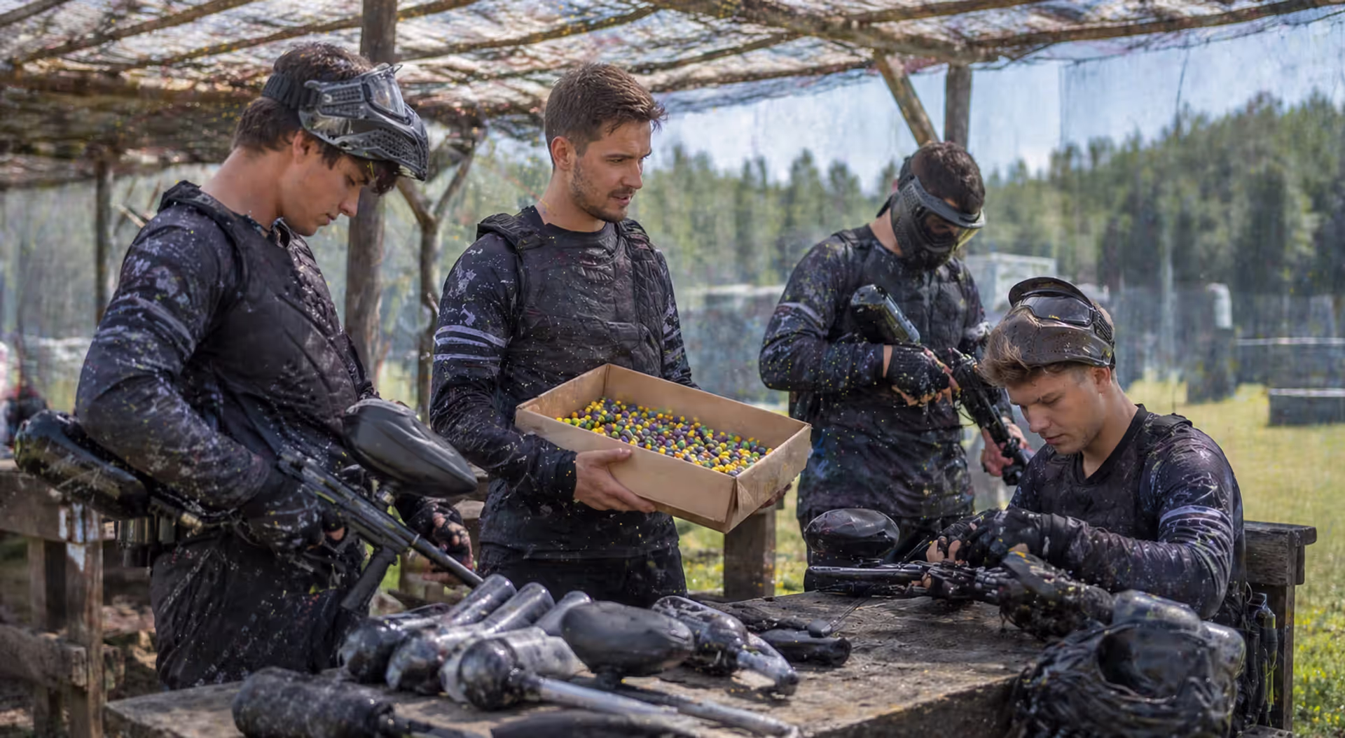 paintball players preparing gear and checking paintball supply before game