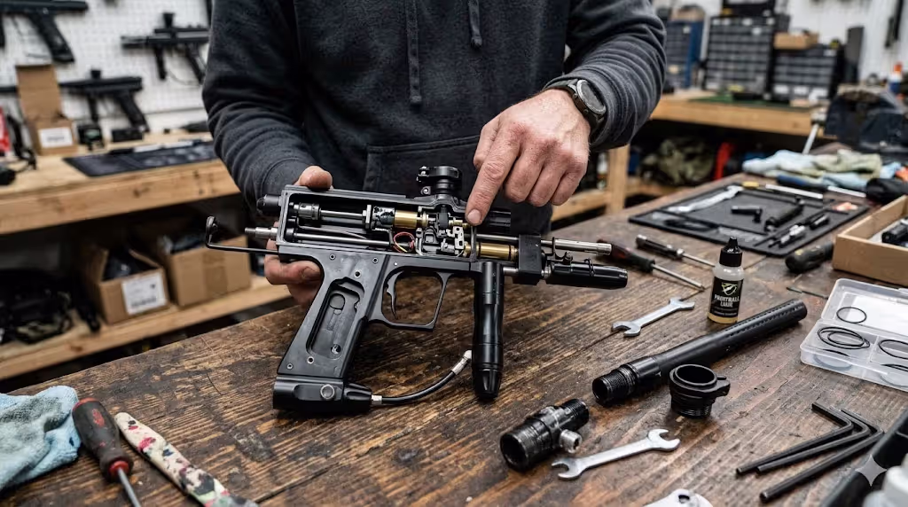 internal parts of paintball marker showing CO2 operation system